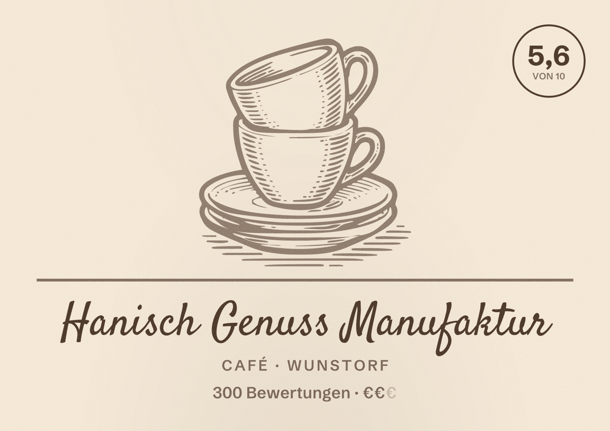 Illustriertes Poster von Hanisch Genuss Manufaktur, Café in Wunstorf: Bewertung 5,6 von 10 aus 300 Bewertungen, Preisniveau €€