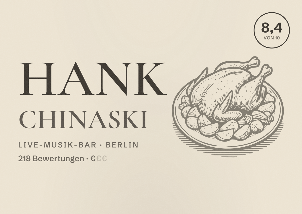 Illustriertes Poster von Hank Chinaski, Live-Musik-Bar in Berlin: Bewertung 8,4 von 10 aus 218 Bewertungen, Preisniveau €