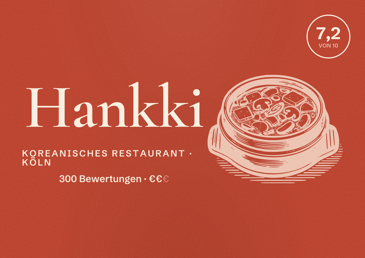 Illustriertes Poster von Hankki, Koreanisches Restaurant in Köln: Bewertung 7,2 von 10 aus 300 Bewertungen, Preisniveau €€