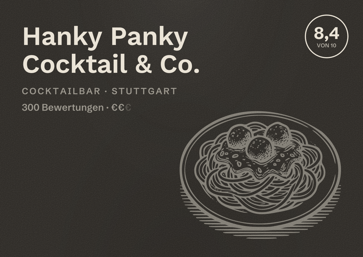 Illustriertes Poster von Hanky Panky Cocktail & Co., Cocktailbar in Stuttgart: Bewertung 8,4 von 10 aus 300 Bewertungen, Preisniveau €€