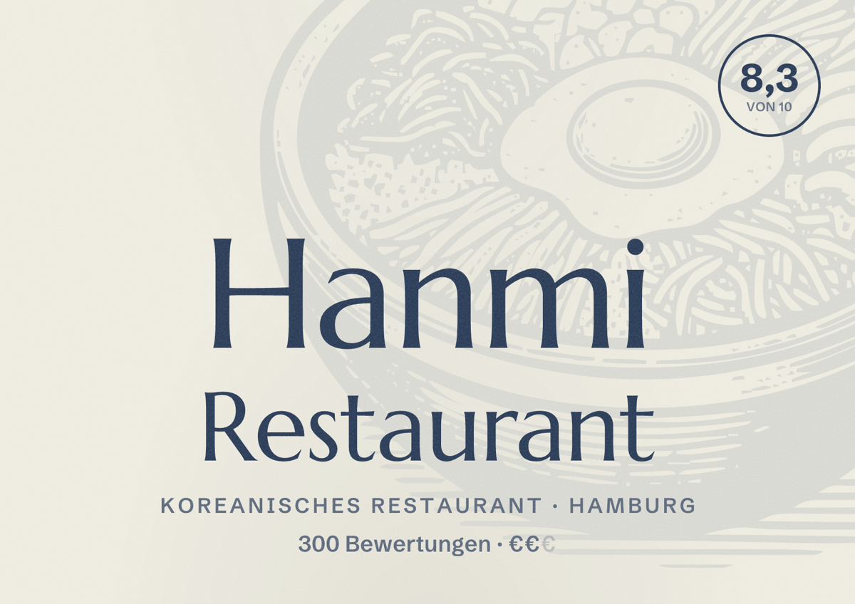 Illustriertes Poster von Hanmi Restaurant, Koreanisches Restaurant in Hamburg: Bewertung 8,3 von 10 aus 300 Bewertungen, Preisniveau €€