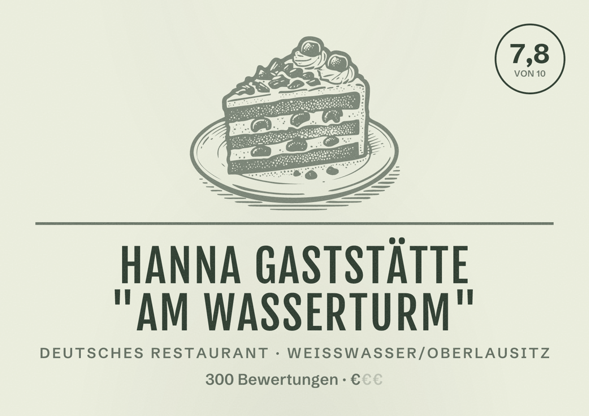 Illustriertes Poster von Hanna Gaststätte "Am Wasserturm", Deutsches Restaurant in Weißwasser/Oberlausitz: Bewertung 7,8 von 10 aus 300 Bewertungen, Preisniveau €