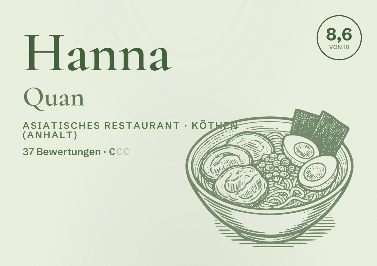 Illustriertes Poster von Hanna Quan, Asiatisches Restaurant in Köthen (Anhalt): Bewertung 8,6 von 10 aus 37 Bewertungen, Preisniveau €