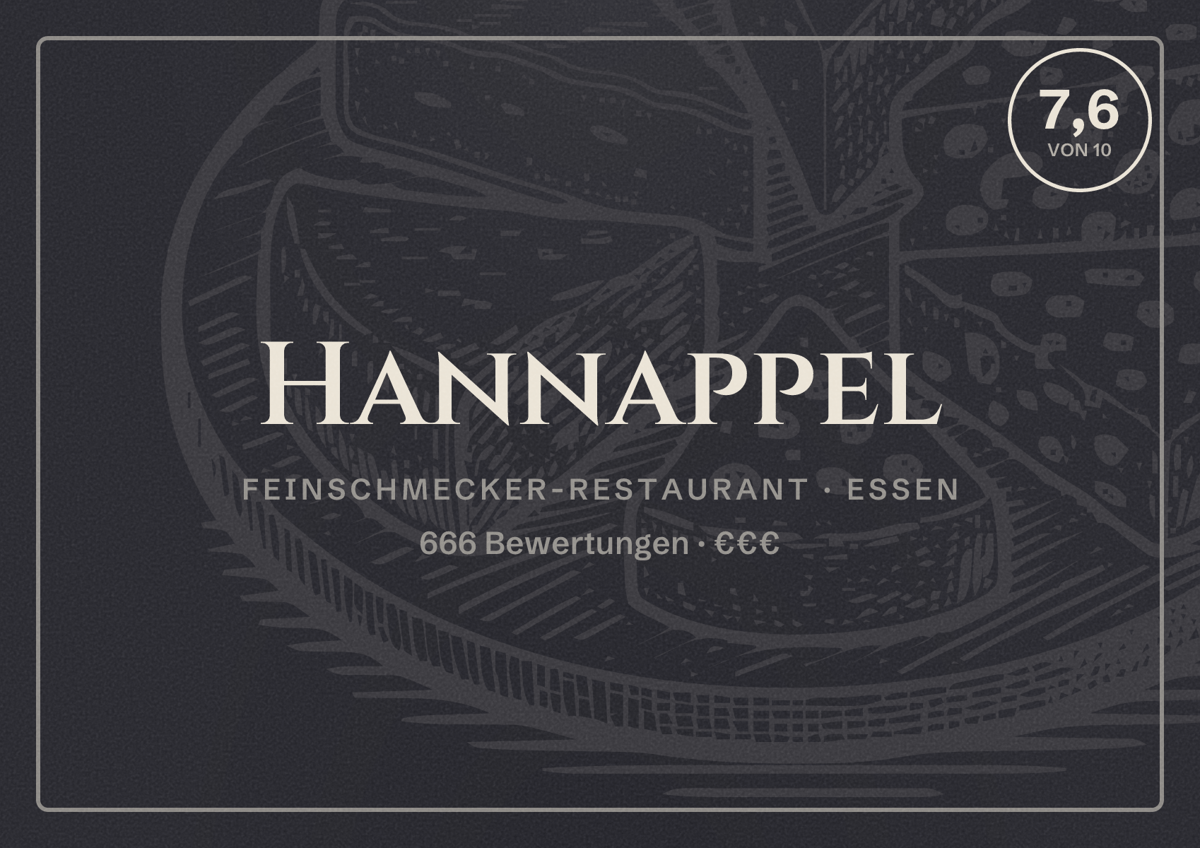 Illustriertes Poster von Hannappel, Feinschmecker-Restaurant in Essen: Bewertung 7,6 von 10 aus 666 Bewertungen, Preisniveau €€€