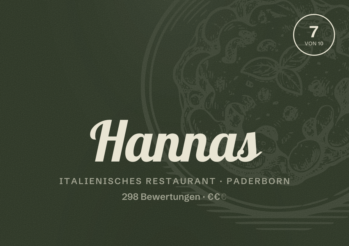 Illustriertes Poster von Hannas, Italienisches Restaurant in Paderborn: Bewertung 7,0 von 10 aus 298 Bewertungen, Preisniveau €€