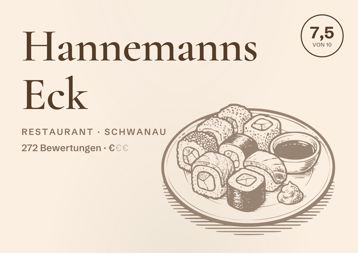 Illustriertes Poster von Hannemanns Eck, Restaurant in Schwanau: Bewertung 7,5 von 10 aus 272 Bewertungen, Preisniveau €
