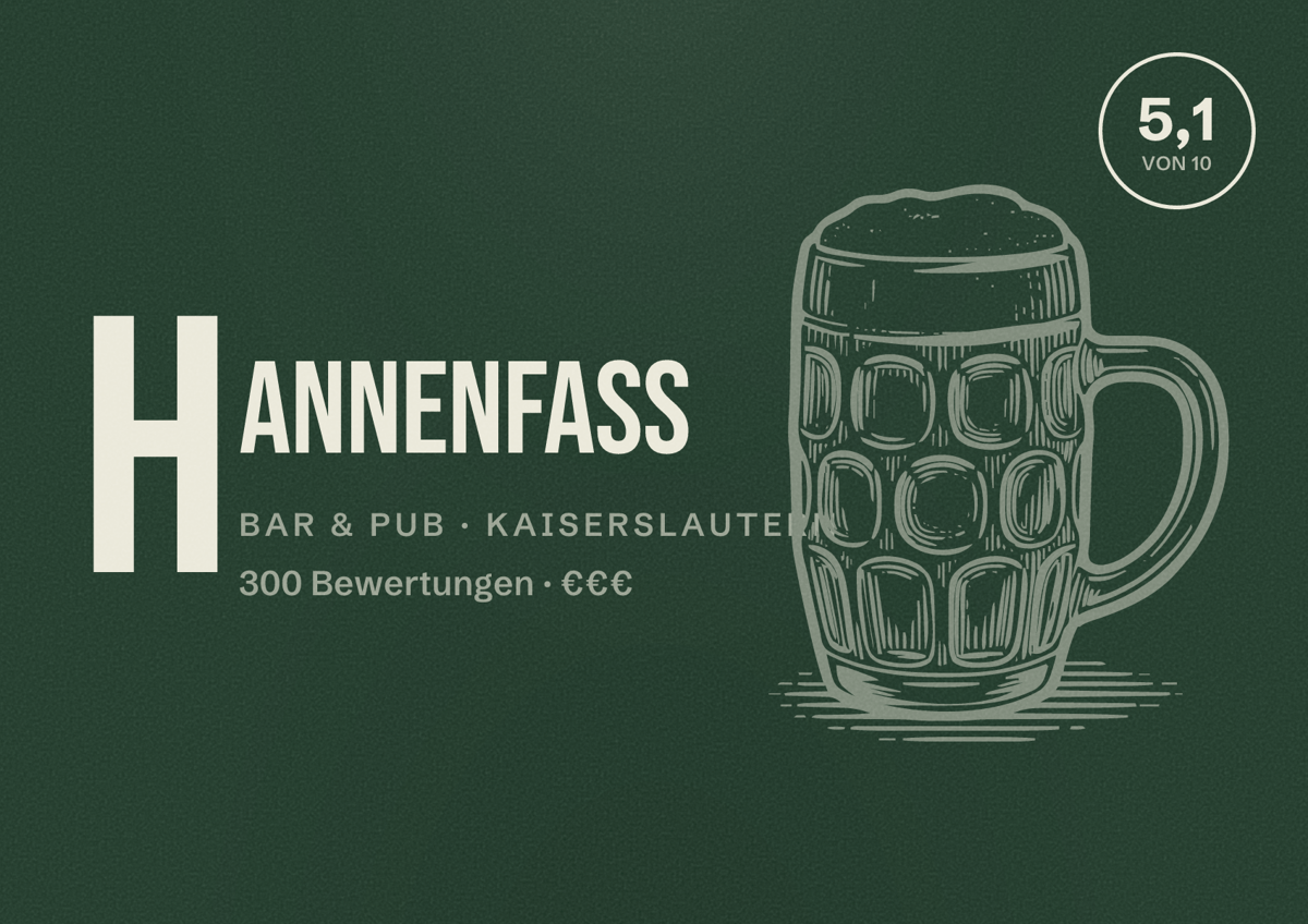 Illustriertes Poster von Hannenfass, Bar & Pub in Kaiserslautern: Bewertung 5,1 von 10 aus 300 Bewertungen, Preisniveau €€€
