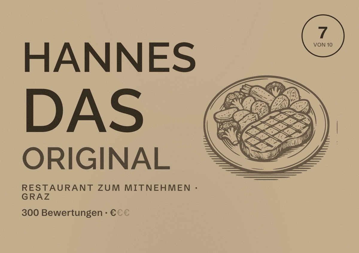 Illustriertes Poster von Hannes das Original, Restaurant zum Mitnehmen in Graz: Bewertung 7 von 10 aus 300 Bewertungen, Preisniveau €