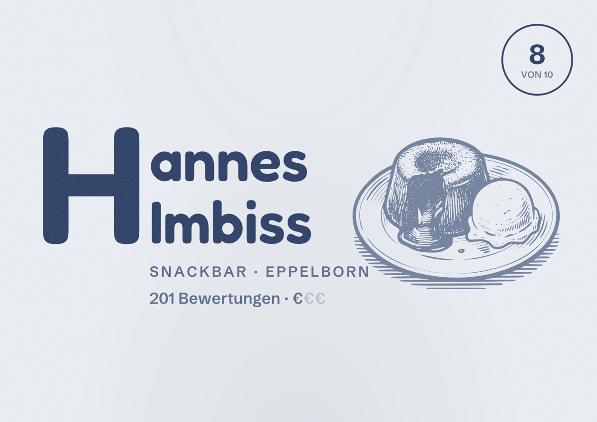 Illustriertes Poster von Hannes Imbiss, Snackbar in Eppelborn: Bewertung 8 von 10 aus 201 Bewertungen, Preisniveau €