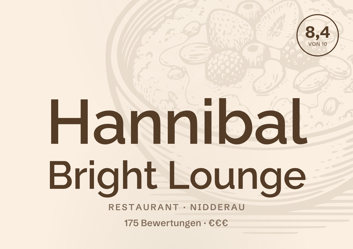 Illustriertes Poster von Hannibal Bright Lounge, Restaurant in Nidderau: Bewertung 8,4 von 10 aus 175 Bewertungen, Preisniveau €€€