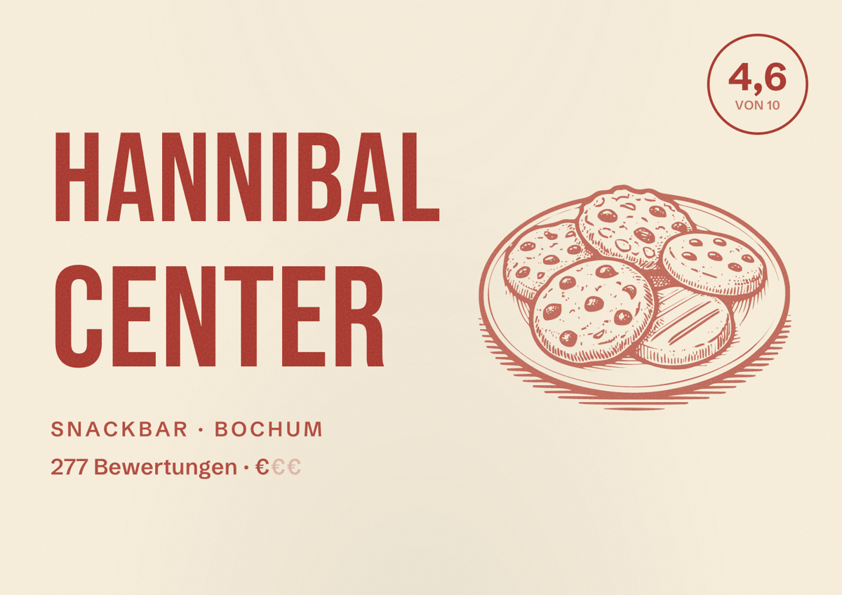 Illustriertes Poster von Hannibal Center, Snackbar in Bochum: Gästebewertung 4,6 von 10 aus 277 Bewertungen