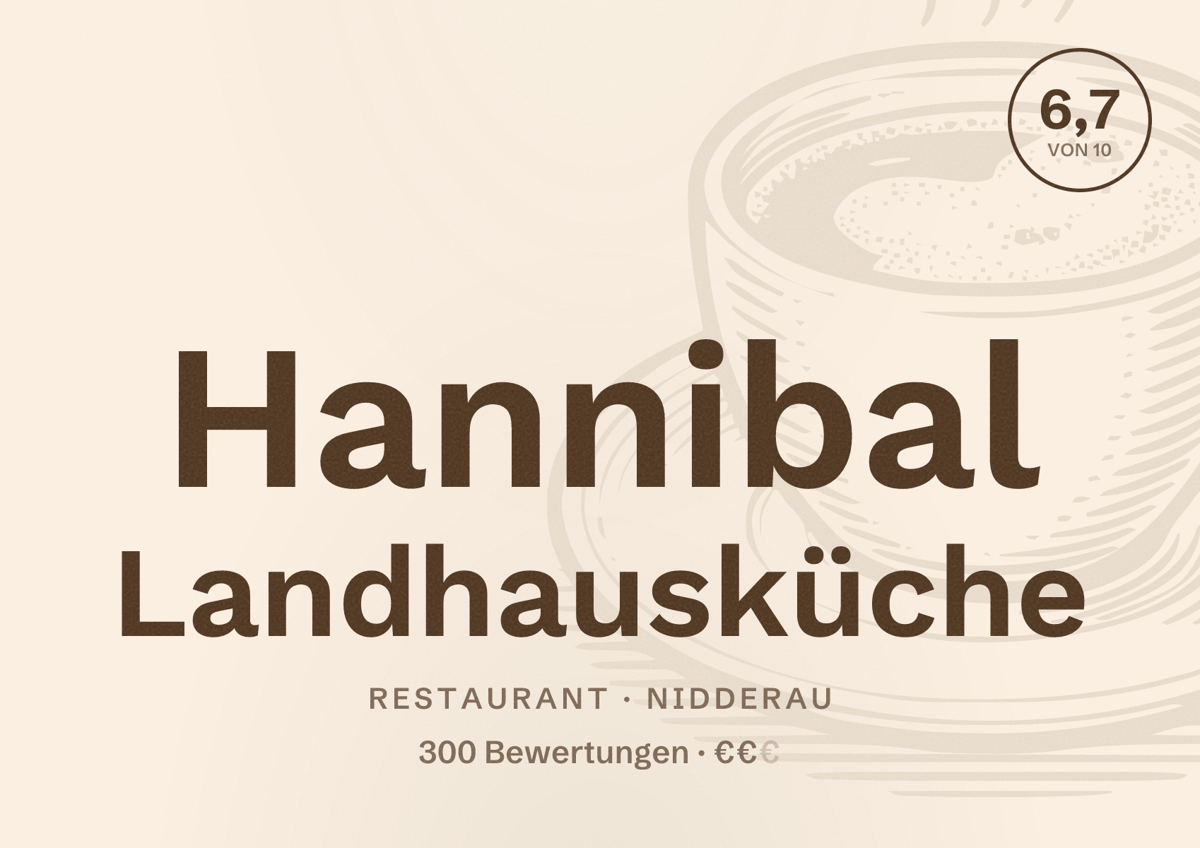 Illustriertes Poster von Hannibal Landhausküche, Restaurant in Nidderau: Bewertung 6,7 von 10 aus 300 Bewertungen, Preisniveau €€