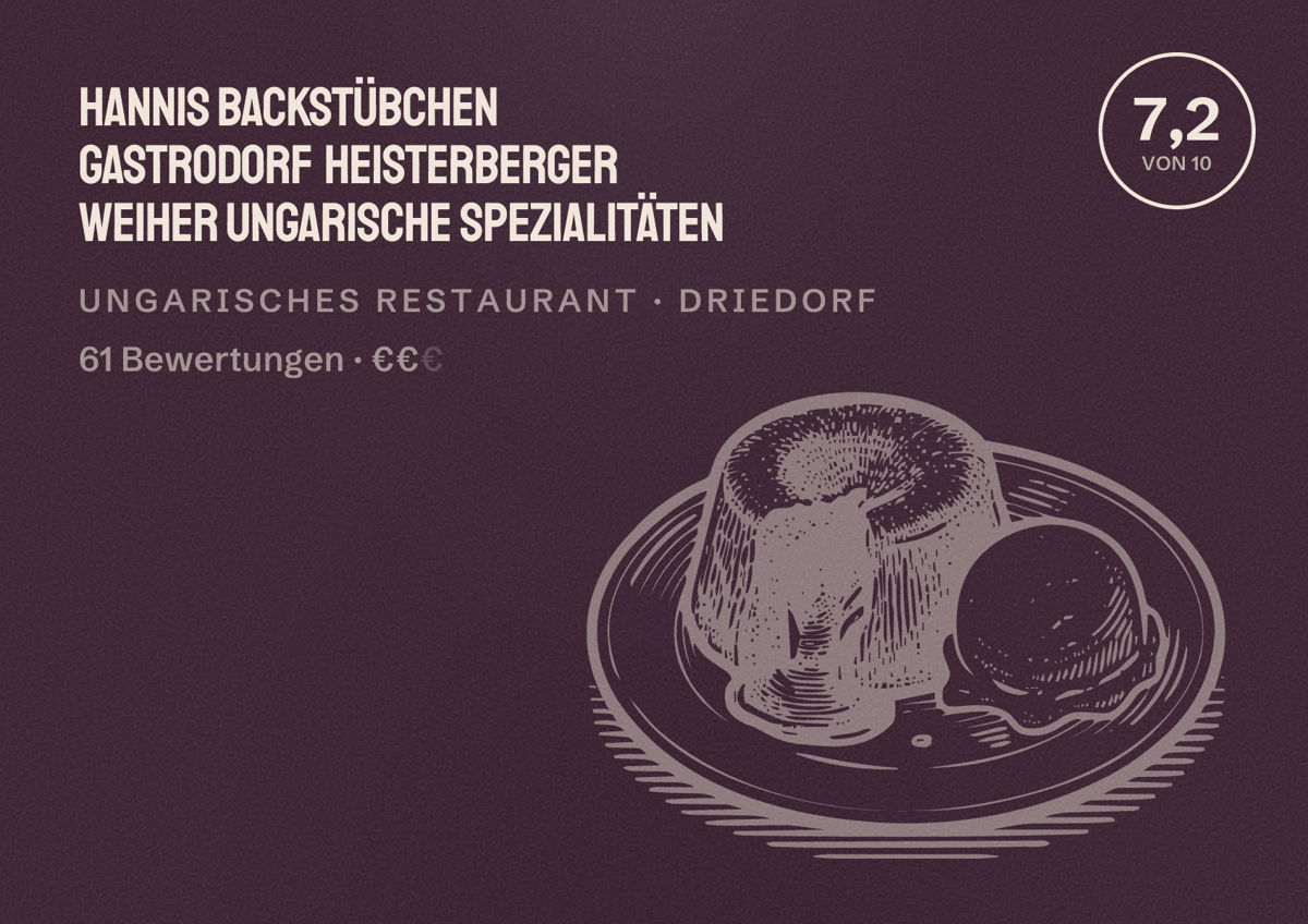 Illustriertes Poster von Hannis Backstübchen Gastrodorf Heisterberger Weiher Ungarische Spezialitäten, Ungarisches Restaurant in Driedorf: Bewertung 7,2 von 10 aus 61 Bewertungen, Preisniveau €€