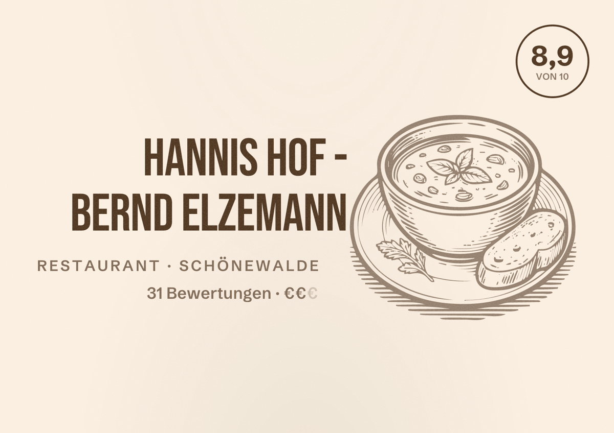 Illustriertes Poster von Hannis Hof - Bernd Elzemann, Restaurant in Schönewalde: Bewertung 8,9 von 10 aus 31 Bewertungen, Preisniveau €€
