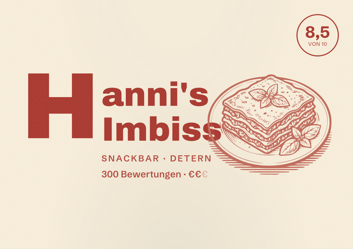 Illustriertes Poster von Hanni's Imbiss, Snackbar in Detern: Bewertung 8,5 von 10 aus 300 Bewertungen, Preisniveau €€