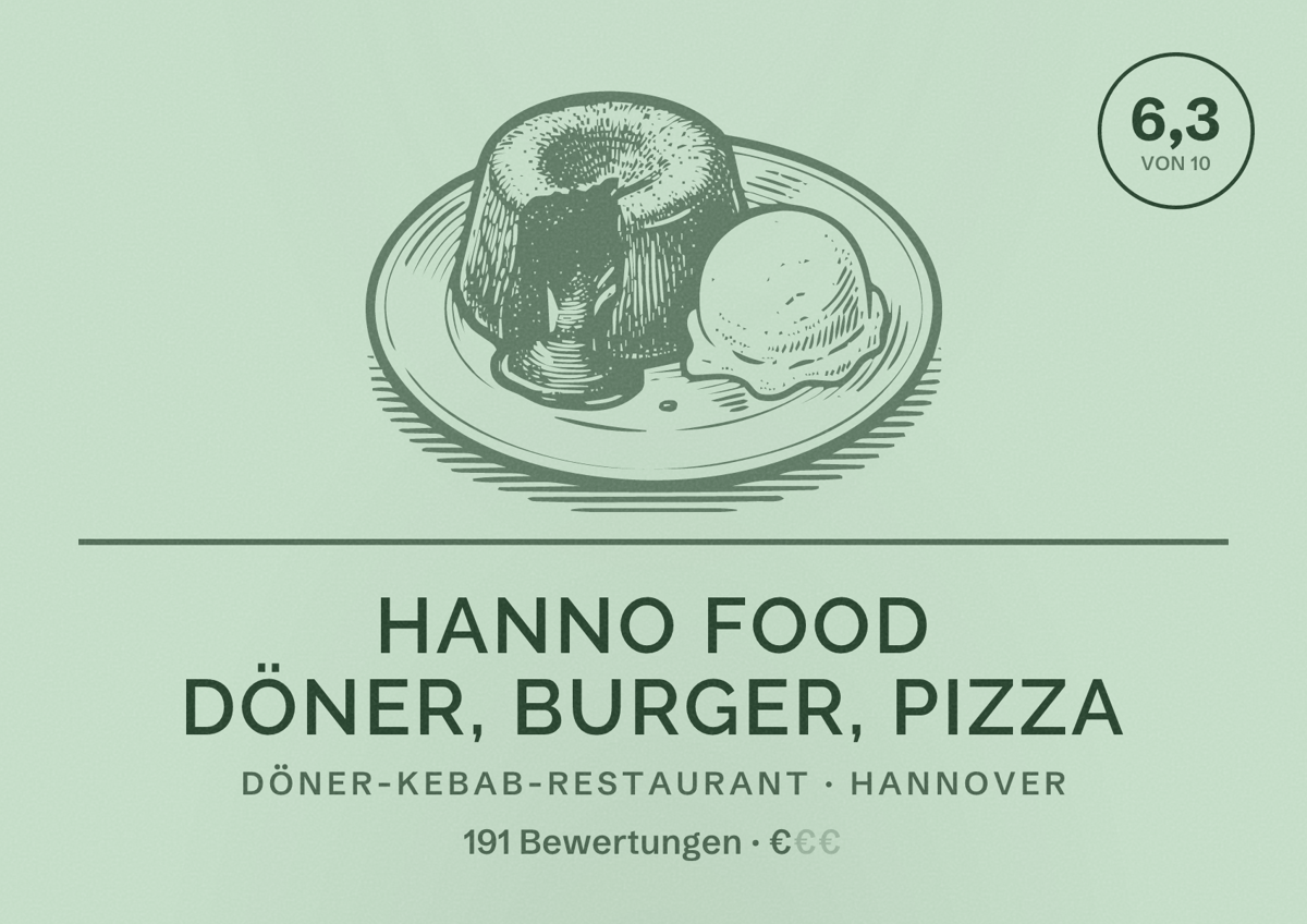 Illustriertes Poster von HANNO FOOD Döner, Burger, Pizza, Döner-Kebab-Restaurant in Hannover: Bewertung 6,3 von 10 aus 191 Bewertungen, Preisniveau €