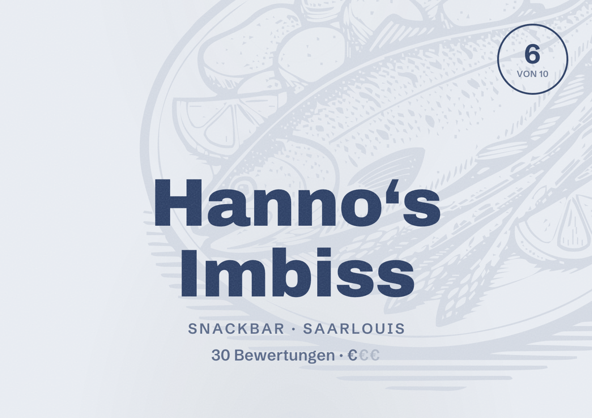 Illustriertes Poster von Hanno‘s Imbiss, Snackbar in Saarlouis: Bewertung 6 von 10 aus 30 Bewertungen, Preisniveau €