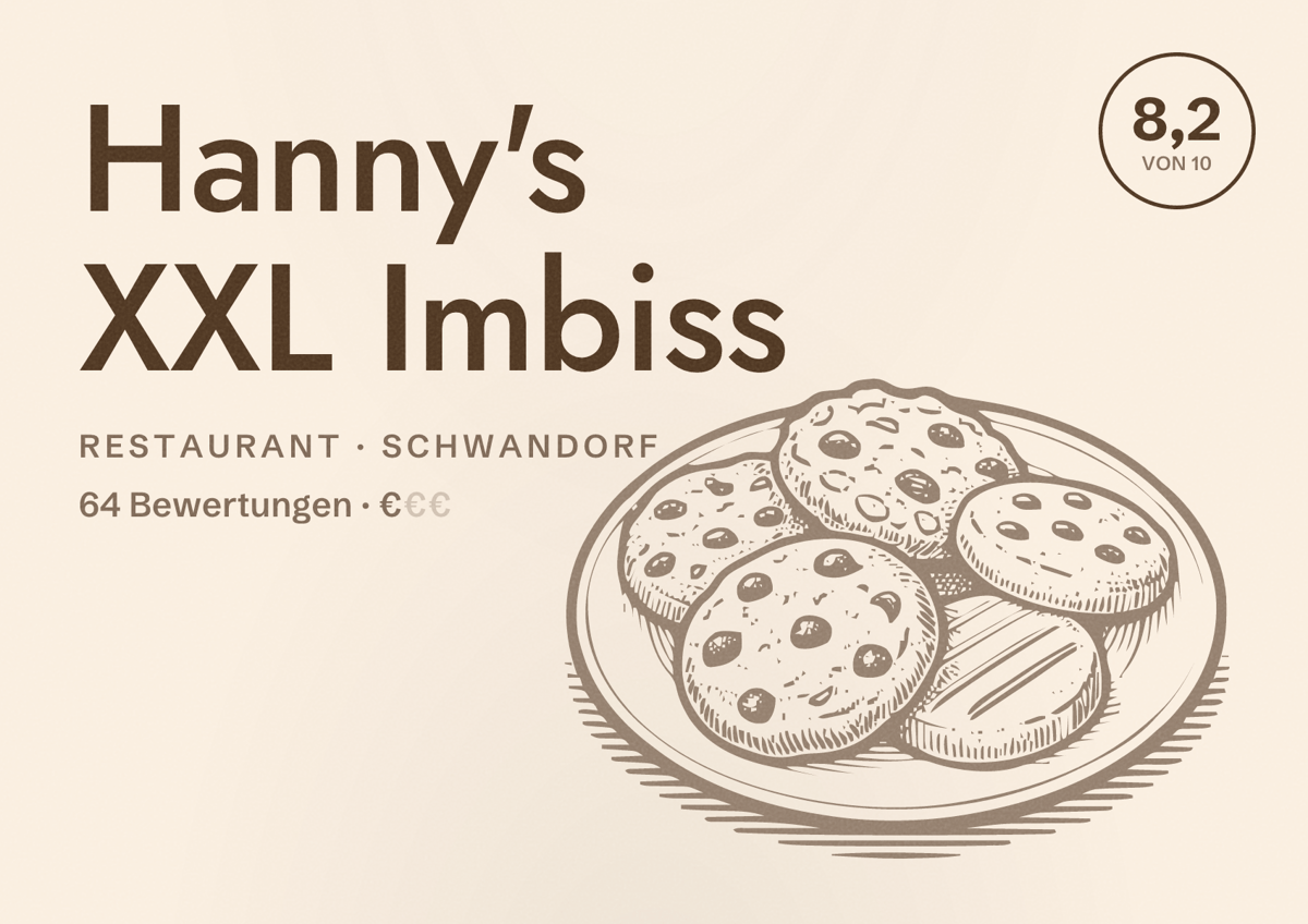 Illustriertes Poster von Hanny's XXL Imbiss, Restaurant in Schwandorf: Bewertung 8,2 von 10 aus 64 Bewertungen, Preisniveau €