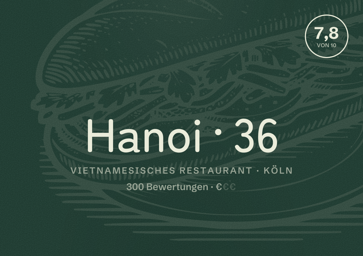 Illustriertes Poster von Hanoi 36, Vietnamesisches Restaurant in Köln: Bewertung 7,8 von 10 aus 300 Bewertungen, Preisniveau €
