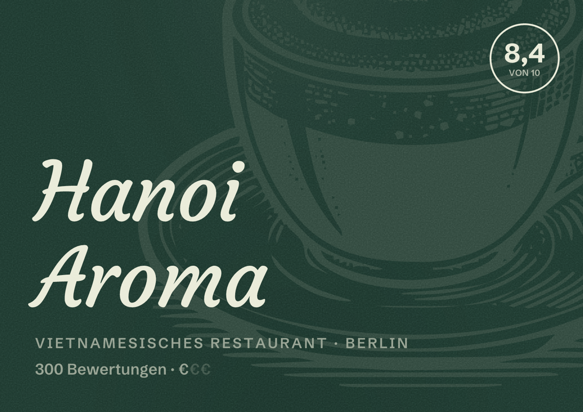 Illustriertes Poster von Hanoi Aroma, Vietnamesisches Restaurant in Berlin: Bewertung 8,4 von 10 aus 300 Bewertungen, Preisniveau €
