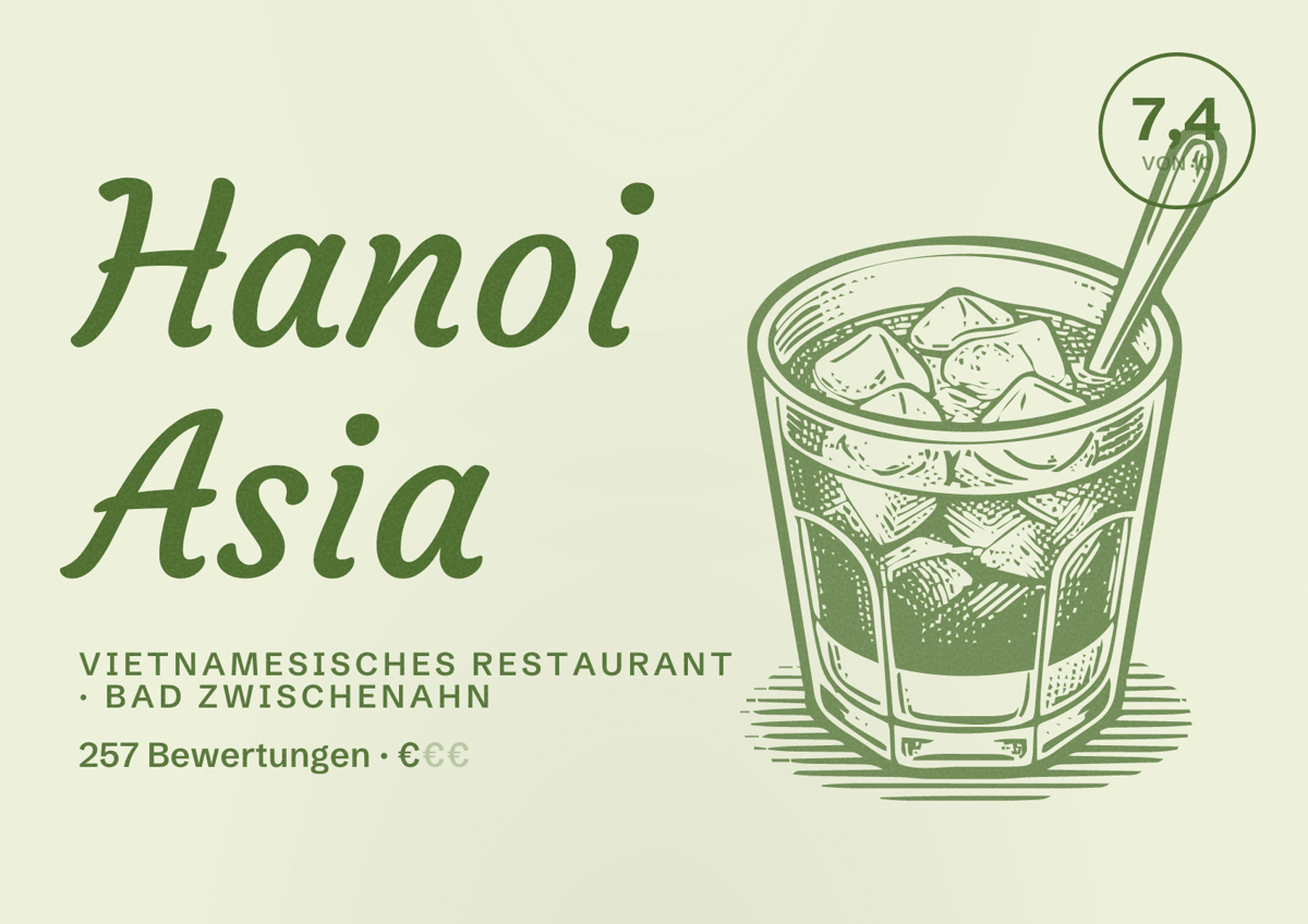 Illustriertes Poster von Hanoi Asia, Vietnamesisches Restaurant in Bad Zwischenahn: Bewertung 7,4 von 10 aus 257 Bewertungen, Preisniveau €