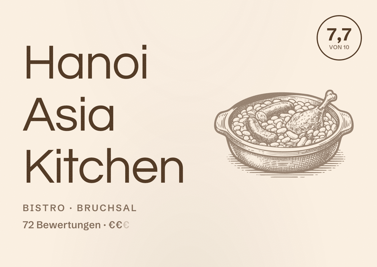 Illustriertes Poster von Hanoi Asia Kitchen, Bistro in Bruchsal: Bewertung 7,7 von 10 aus 72 Bewertungen, Preisniveau €€