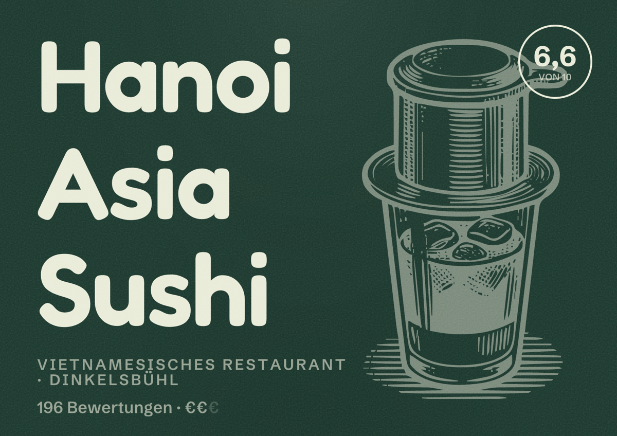 Illustriertes Poster von Hanoi Asia Sushi, Vietnamesisches Restaurant in Dinkelsbühl: Bewertung 6,6 von 10 aus 196 Bewertungen, Preisniveau €€