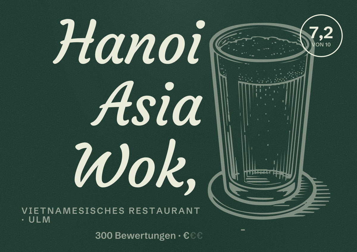 Illustriertes Poster von Hanoi Asia Wok,, Vietnamesisches Restaurant in Ulm: Bewertung 7,2 von 10 aus 300 Bewertungen, Preisniveau €