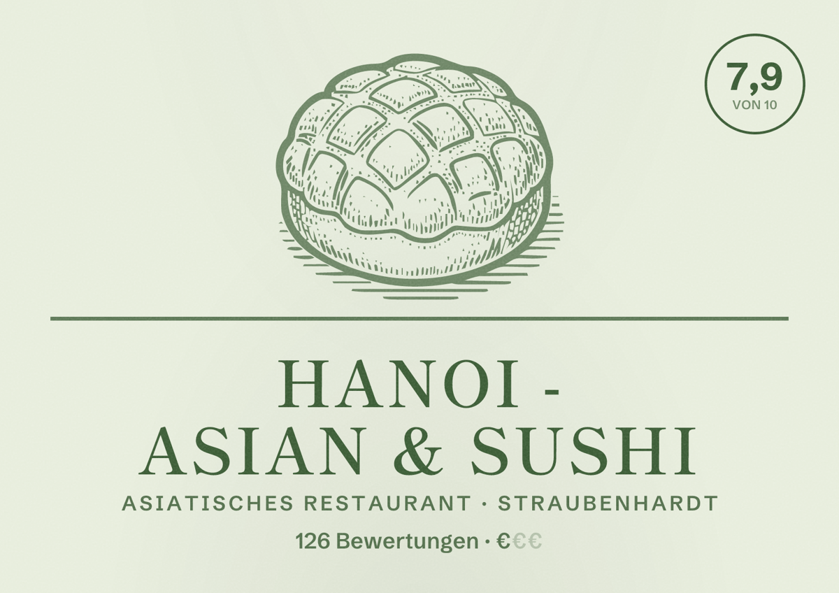 Illustriertes Poster von Hanoi - Asian & Sushi, Asiatisches Restaurant in Straubenhardt: Bewertung 7,9 von 10 aus 126 Bewertungen, Preisniveau €