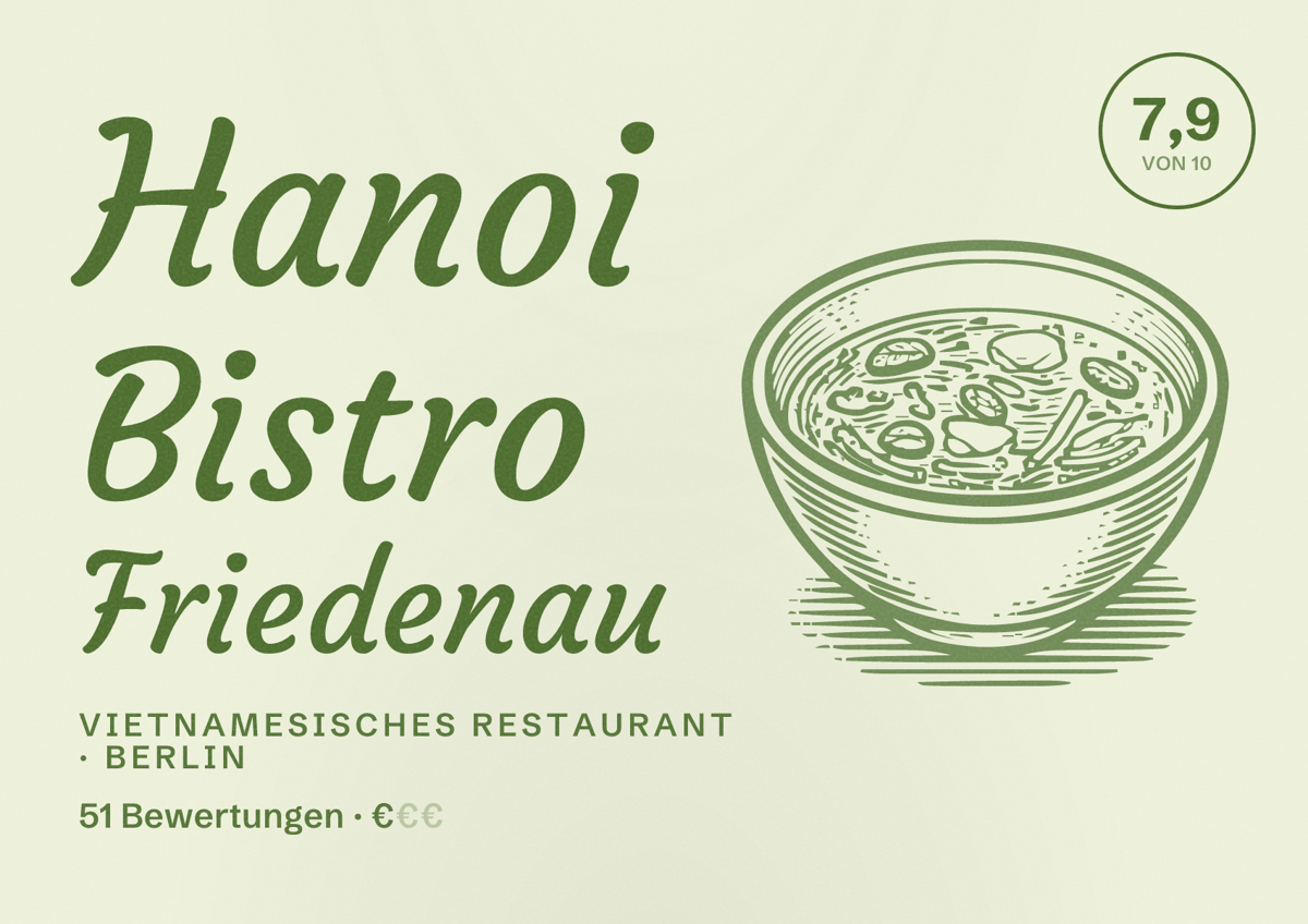 Illustriertes Poster von Hanoi Bistro Friedenau, Vietnamesisches Restaurant in Berlin: Bewertung 7,9 von 10 aus 51 Bewertungen, Preisniveau €