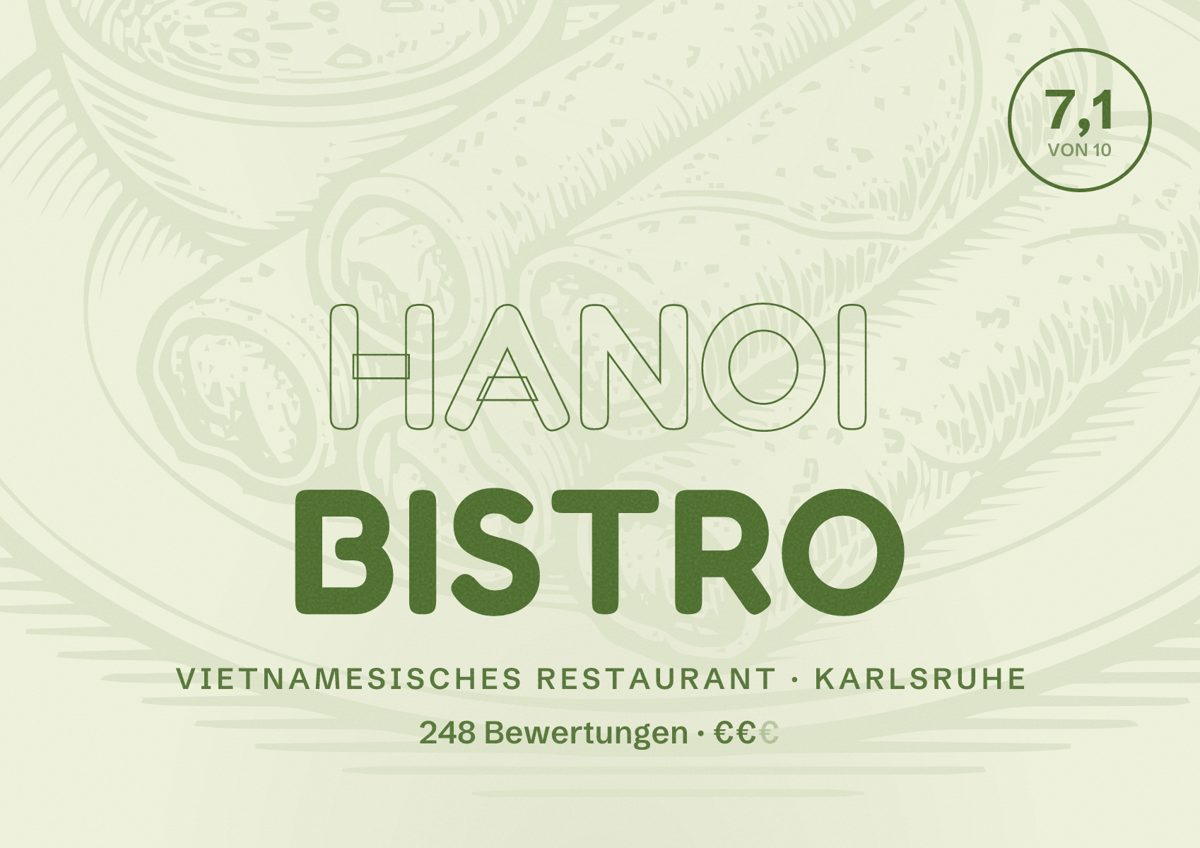 Illustriertes Poster von Hanoi Bistro, Vietnamesisches Restaurant in Karlsruhe: Bewertung 7,1 von 10 aus 248 Bewertungen, Preisniveau €€