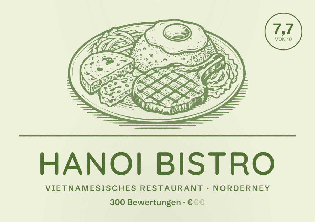 Illustriertes Poster von Hanoi Bistro, Vietnamesisches Restaurant in Norderney: Bewertung 7,7 von 10 aus 300 Bewertungen, Preisniveau €