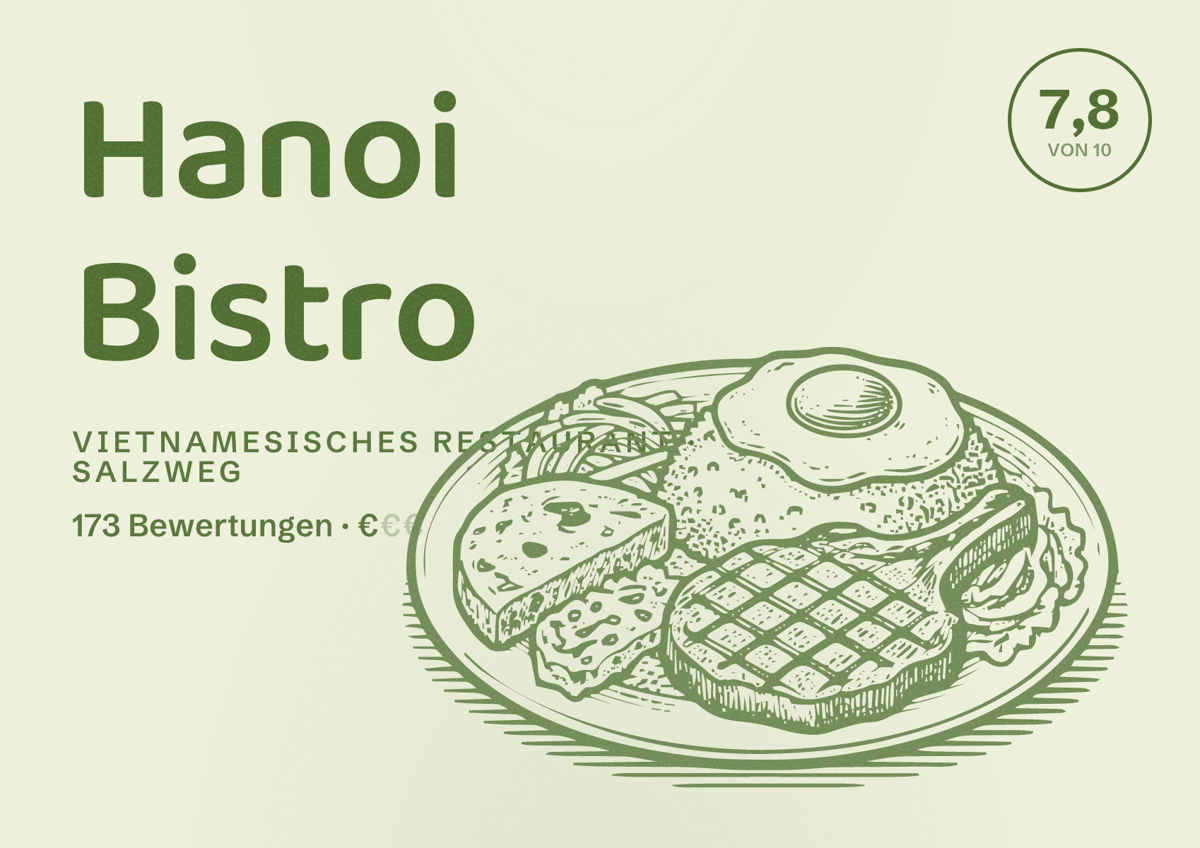 Illustriertes Poster von Hanoi Bistro, Vietnamesisches Restaurant in Salzweg: Bewertung 7,8 von 10 aus 173 Bewertungen, Preisniveau €