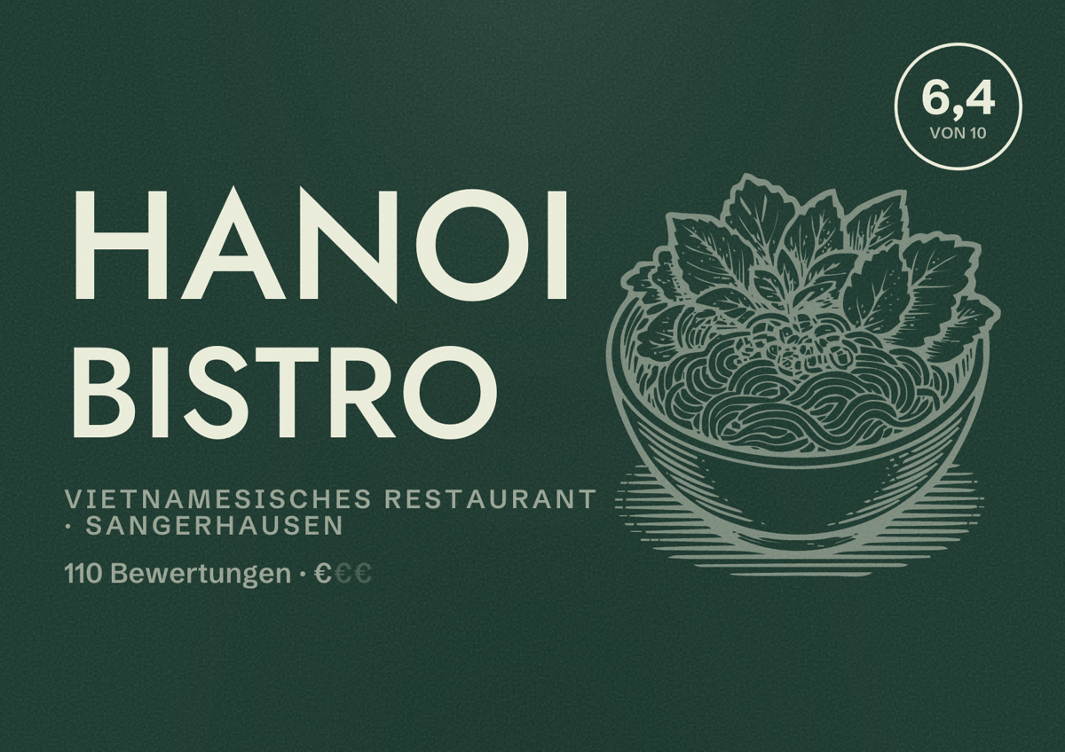 Illustriertes Poster von Hanoi Bistro, Vietnamesisches Restaurant in Sangerhausen: Bewertung 6,4 von 10 aus 110 Bewertungen, Preisniveau €