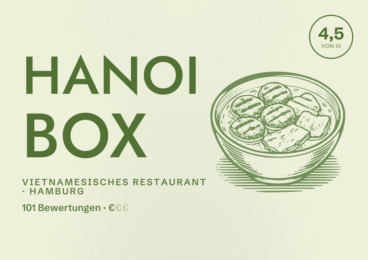 Illustriertes Poster von Hanoi Box, Vietnamesisches Restaurant in Hamburg: Bewertung 4,5 von 10 aus 101 Bewertungen, Preisniveau €