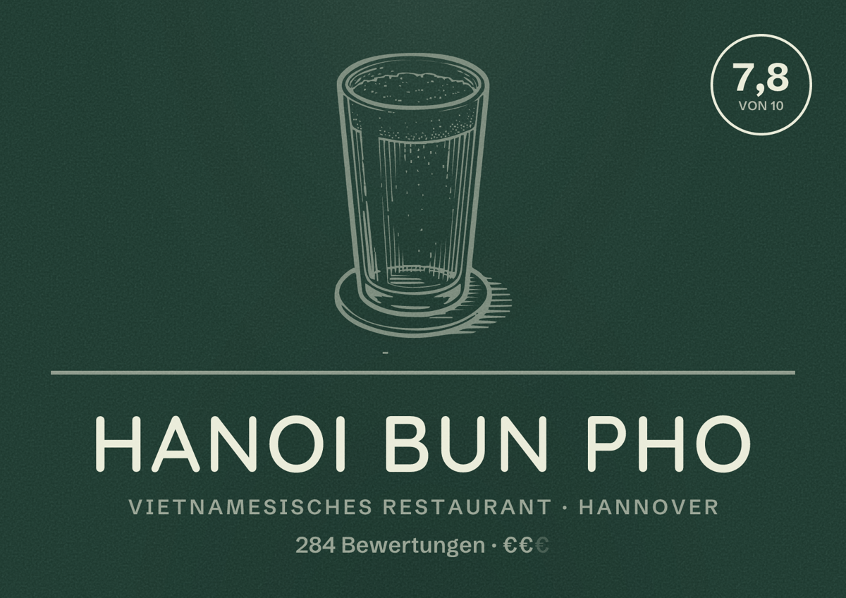 Illustriertes Poster von Hanoi Bun Pho, Vietnamesisches Restaurant in Hannover: Bewertung 7,8 von 10 aus 284 Bewertungen, Preisniveau €€