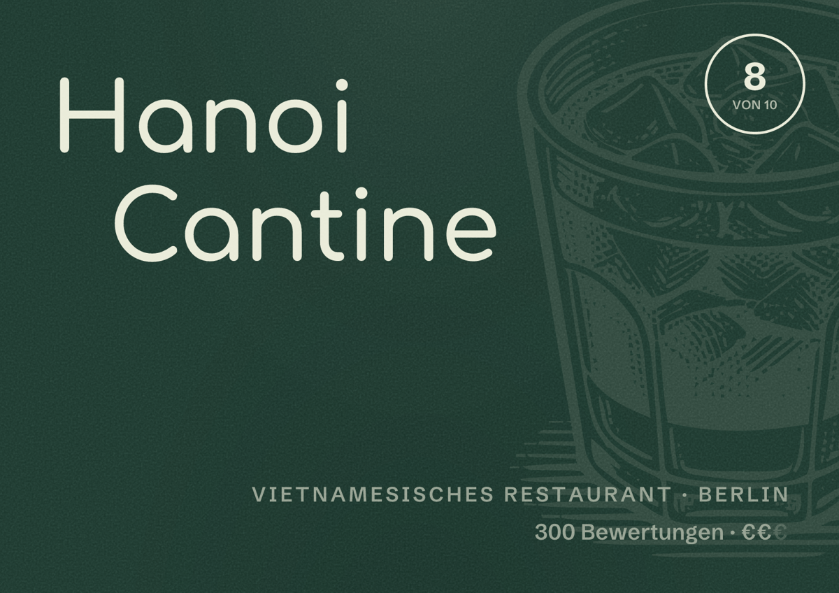 Illustriertes Poster von Hanoi Cantine, Vietnamesisches Restaurant in Berlin: Bewertung 8,0 von 10 aus 300 Bewertungen, Preisniveau €€