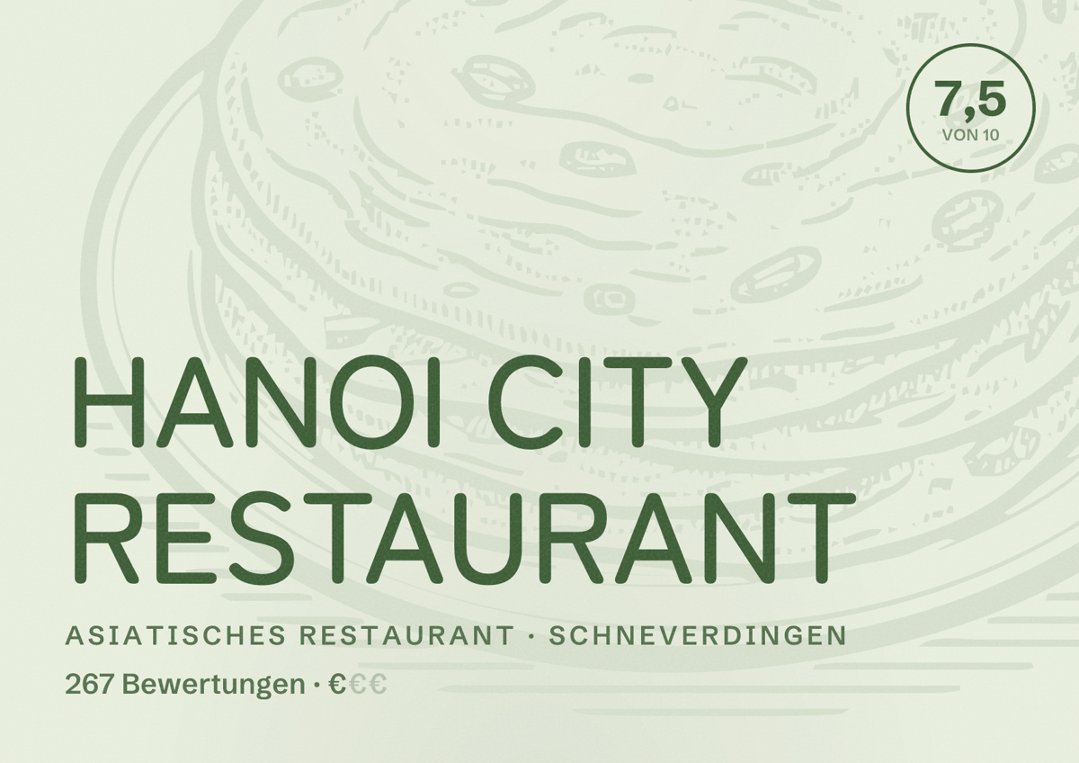 Illustriertes Poster von HANOI CITY RESTAURANT, Asiatisches Restaurant in Schneverdingen: Bewertung 7,5 von 10 aus 267 Bewertungen, Preisniveau €