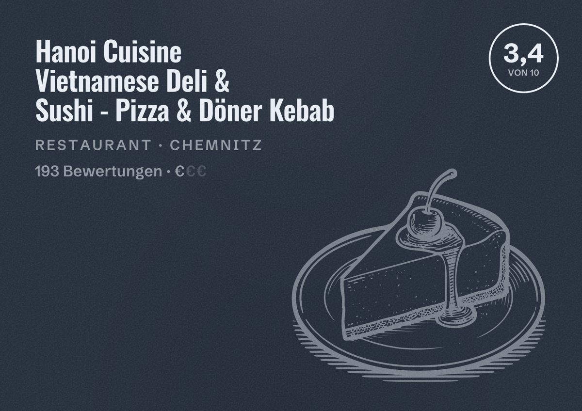 Illustriertes Poster von Hanoi Cuisine Vietnamese Deli & Sushi - Pizza & Döner Kebab, Restaurant in Chemnitz: Bewertung 3,4 von 10 aus 193 Bewertungen, Preisniveau €
