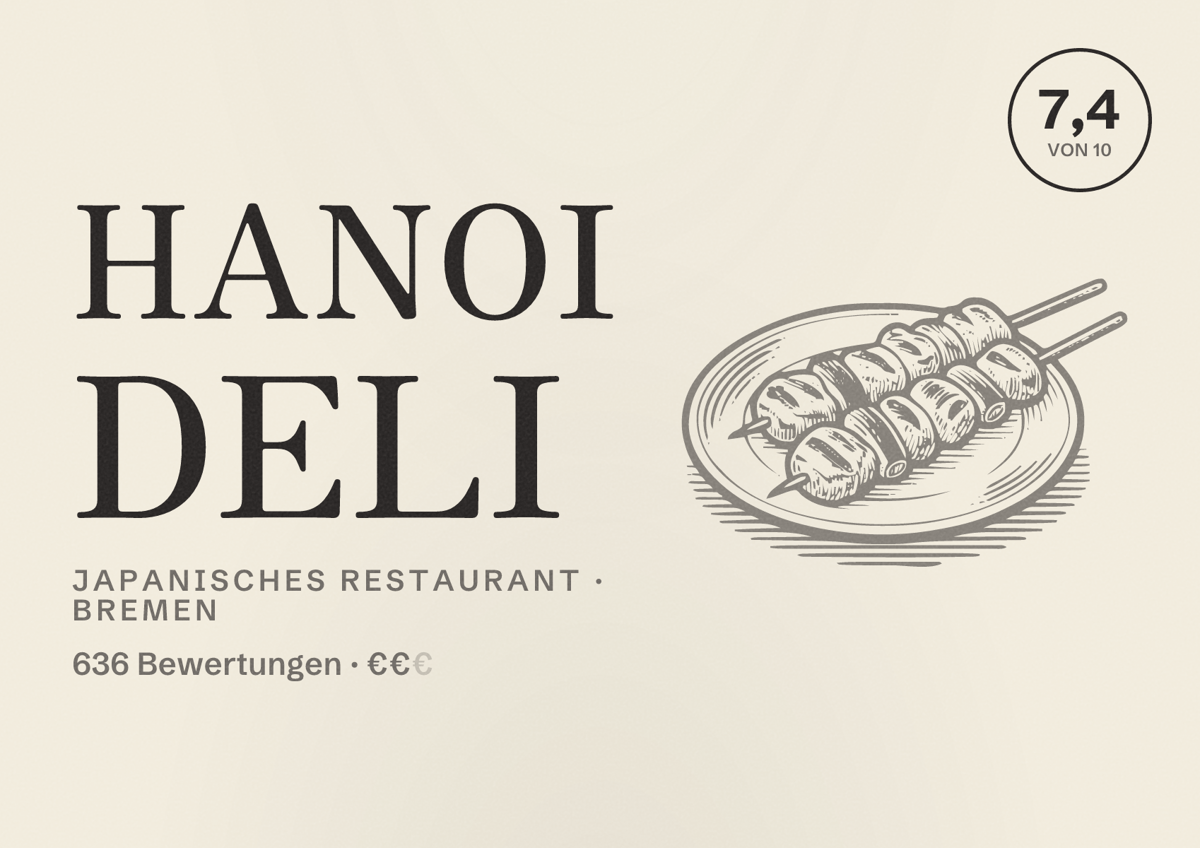 Illustriertes Poster von HANOI deli, Japanisches Restaurant in Bremen: Bewertung 7,4 von 10 aus 636 Bewertungen, Preisniveau €€