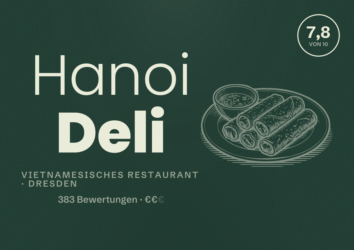 Illustriertes Poster von Hanoi Deli, Vietnamesisches Restaurant in Dresden: Bewertung 7,8 von 10 aus 383 Bewertungen, Preisniveau €€