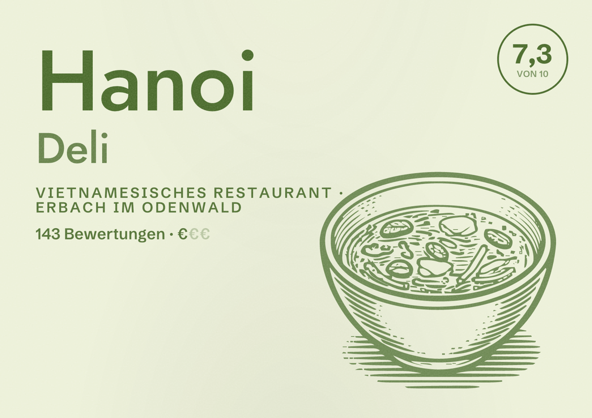 Illustriertes Poster von Hanoi Deli, Vietnamesisches Restaurant in Erbach im Odenwald: Bewertung 7,3 von 10 aus 143 Bewertungen, Preisniveau €