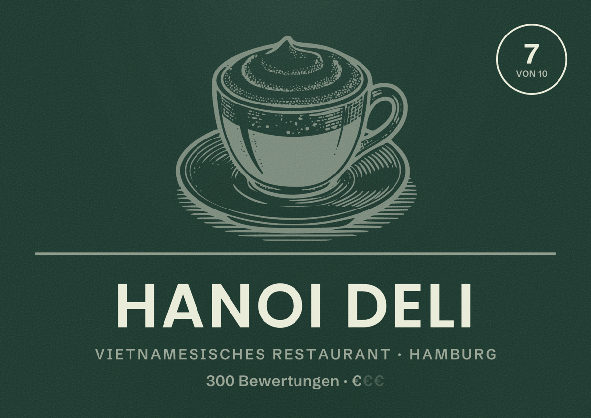 Illustriertes Poster von Hanoi Deli, Vietnamesisches Restaurant in Hamburg: Bewertung 7 von 10 aus 300 Bewertungen, Preisniveau €