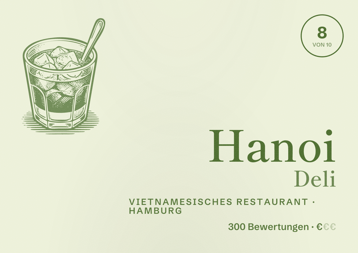 Illustriertes Poster von Hanoi Deli, Vietnamesisches Restaurant in Hamburg: Bewertung 8,0 von 10 aus 300 Bewertungen, Preisniveau €