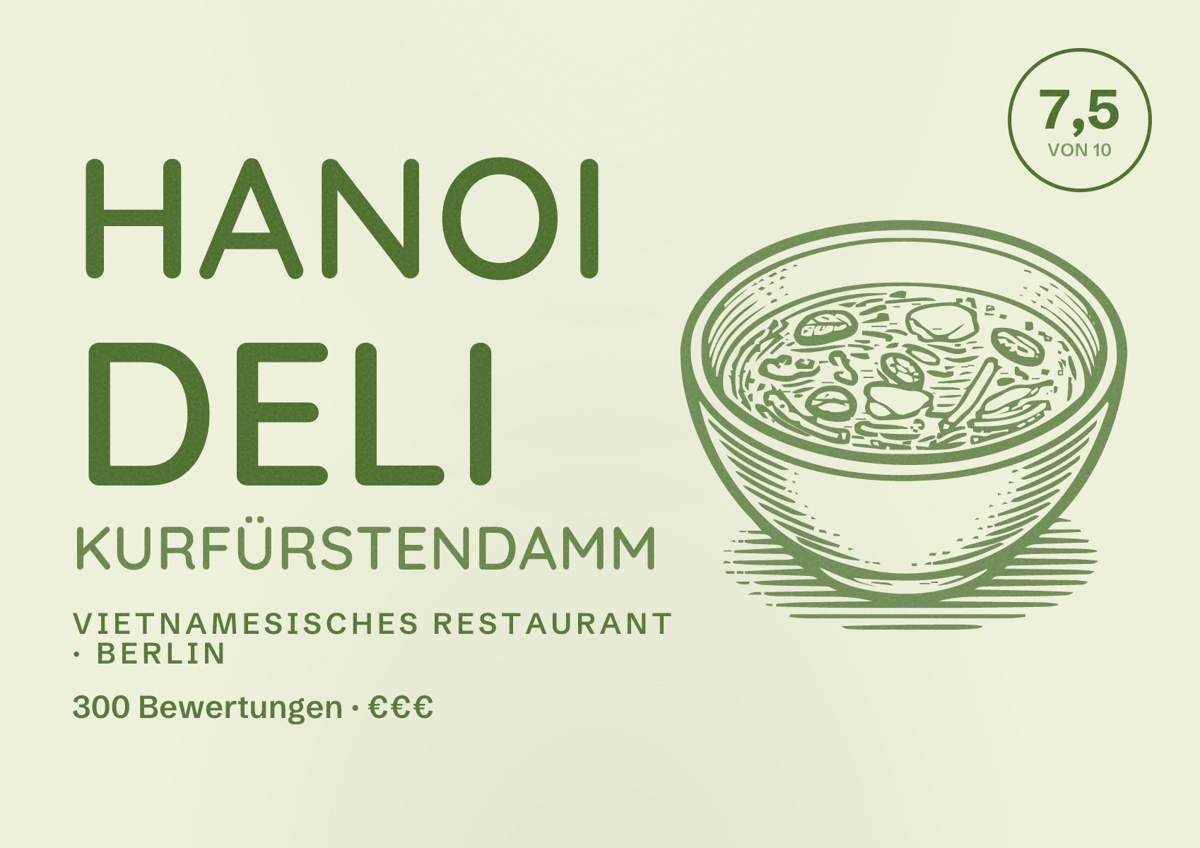 Illustriertes Poster von Hanoi Deli Kurfürstendamm, Vietnamesisches Restaurant in Berlin: Bewertung 7,5 von 10 aus 300 Bewertungen, Preisniveau €€€