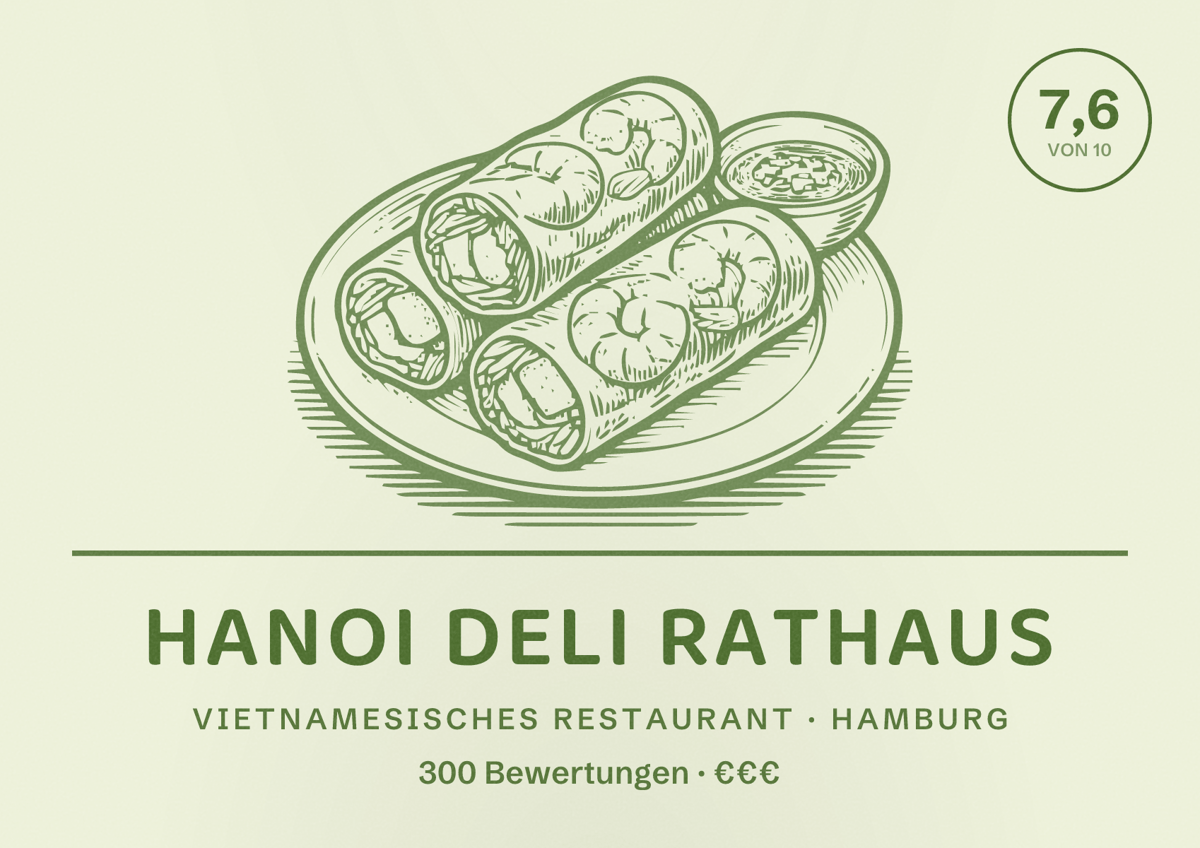 Illustriertes Poster von Hanoi Deli Rathaus, Vietnamesisches Restaurant in Hamburg: Bewertung 7,6 von 10 aus 300 Bewertungen, Preisniveau €€€