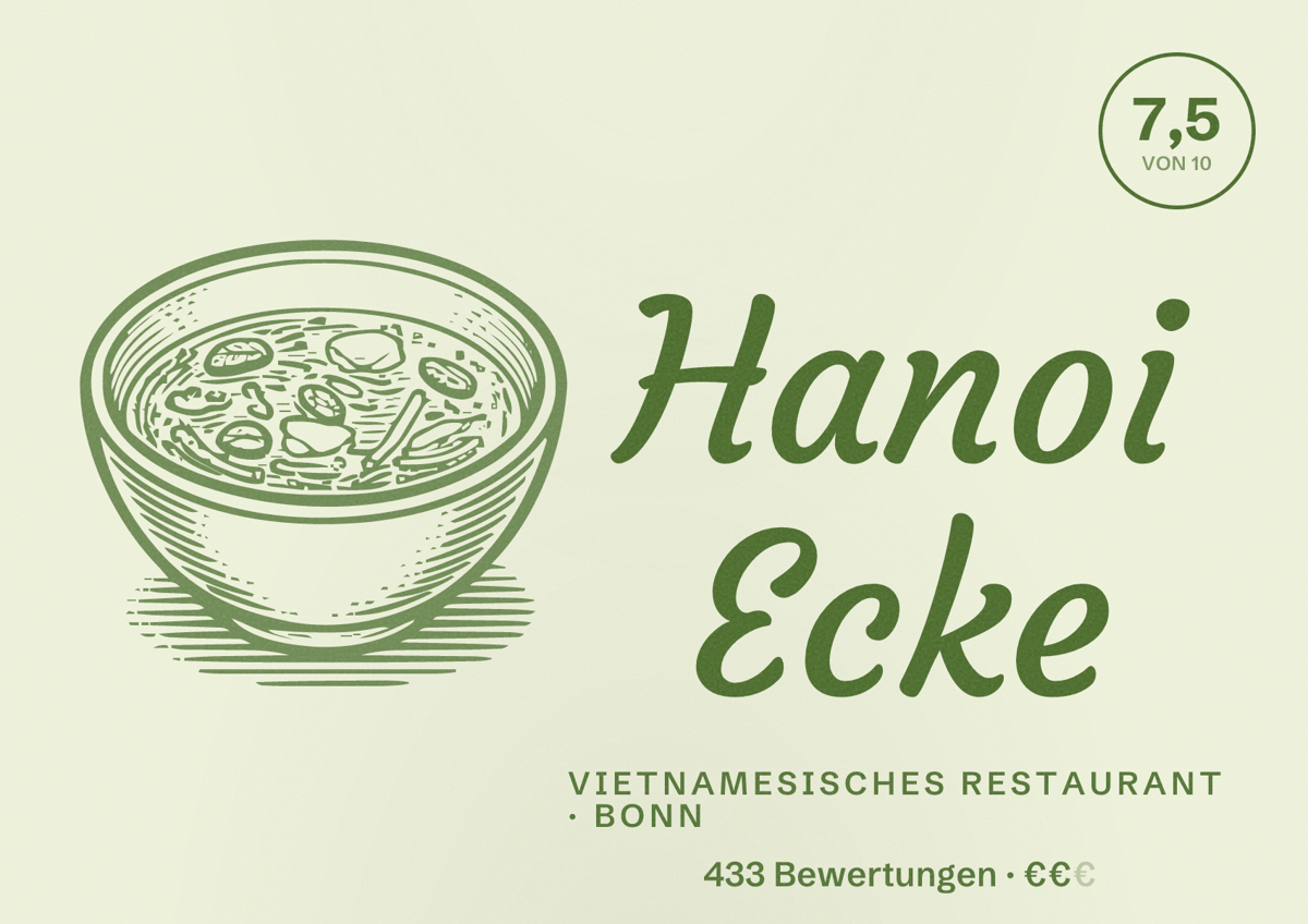 Illustriertes Poster von Hanoi Ecke, Vietnamesisches Restaurant in Bonn: Bewertung 7,5 von 10 aus 433 Bewertungen, Preisniveau €€