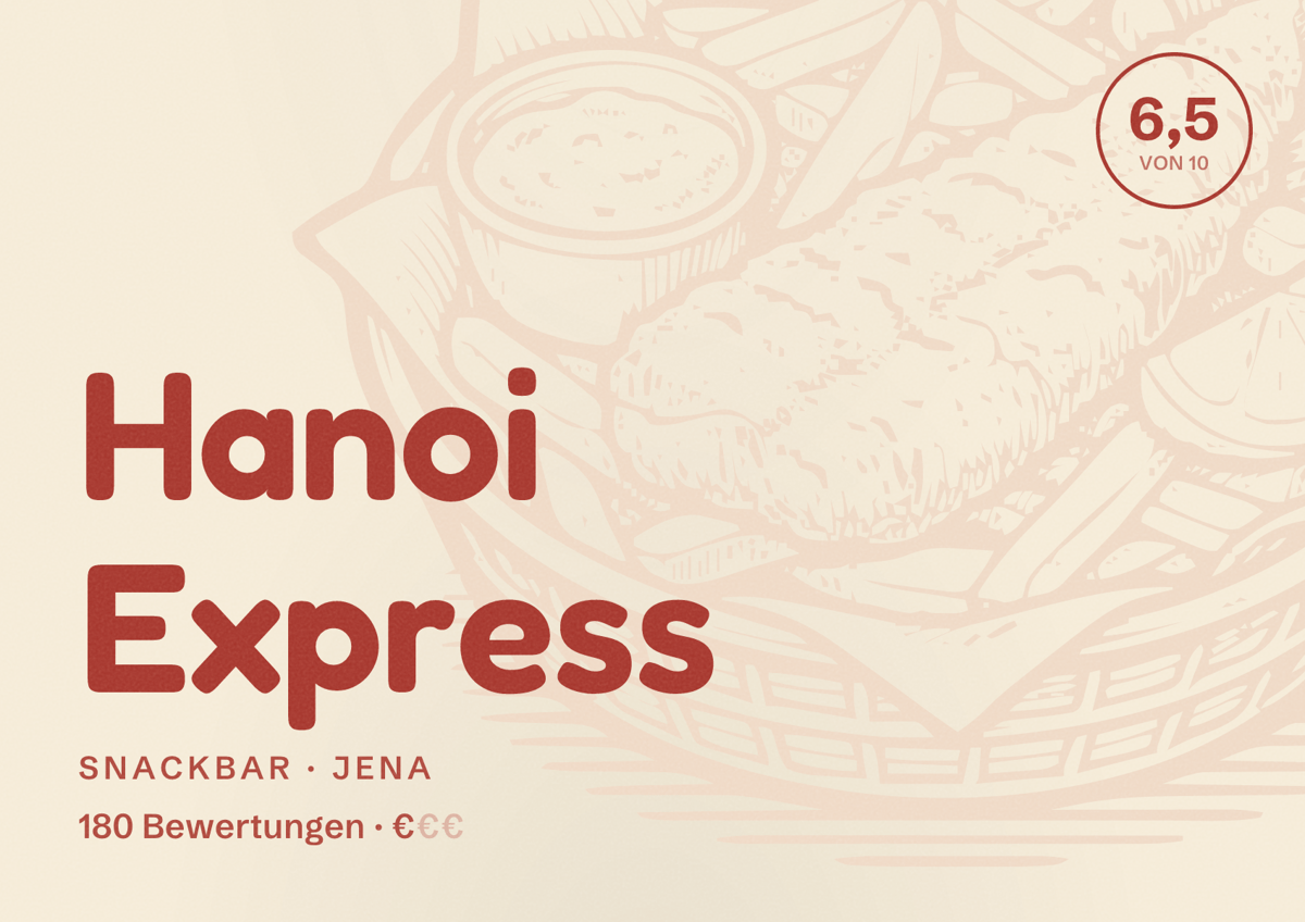 Illustriertes Poster von Hanoi Express, Snackbar in Jena: Bewertung 6,5 von 10 aus 180 Bewertungen, Preisniveau €