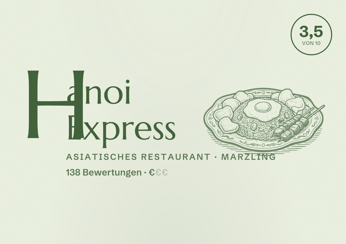 Illustriertes Poster von Hanoi Express, Asiatisches Restaurant in Marzling: Bewertung 3,5 von 10 aus 138 Bewertungen, Preisniveau €