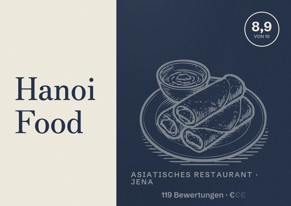 Illustriertes Poster von Hanoi Food, Asiatisches Restaurant in Jena: Bewertung 8,9 von 10 aus 119 Bewertungen, Preisniveau €